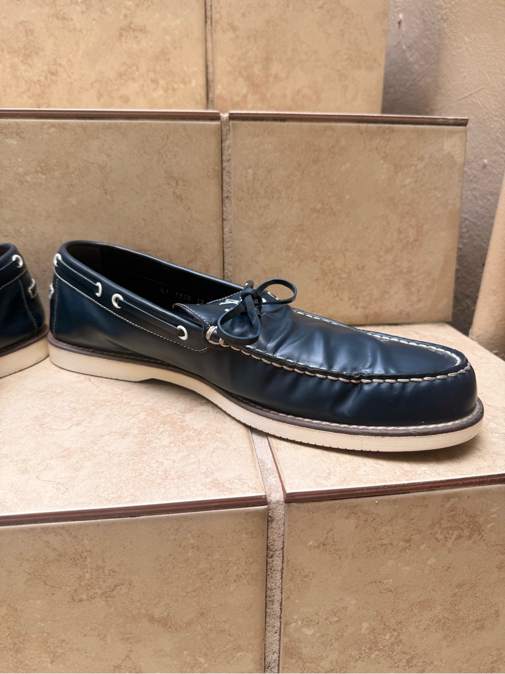 Louis Vuitton Men's Navy Blue Leather Moccasin Loafers with LV Hardware - Picture 8 of 10